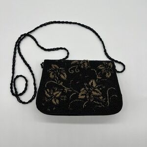La Regale Vintage Evening Bag Black Gold Floral Brocade Lace Beaded Clutch Purse